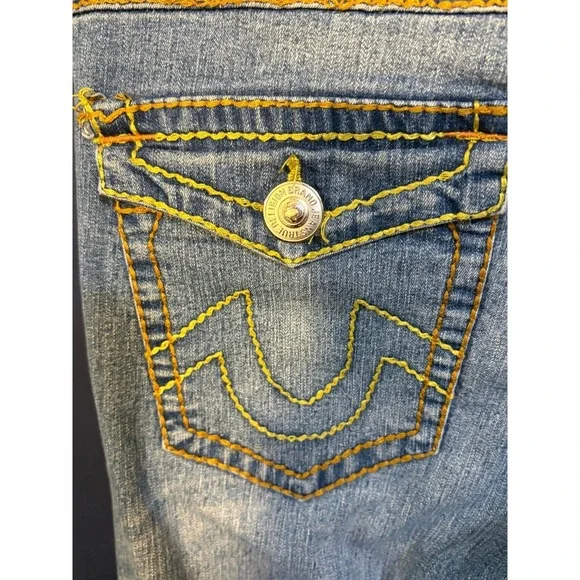 True Religion Sarah Big T Straight Leg Jeans Blue Yellow Stitch Size 31 USA - Picture 5 of 7